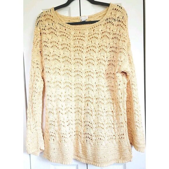 Chico's 3 Sweater Metallic Gold Open Knit Round Neck Long Sleeves - Picture 1 of 5